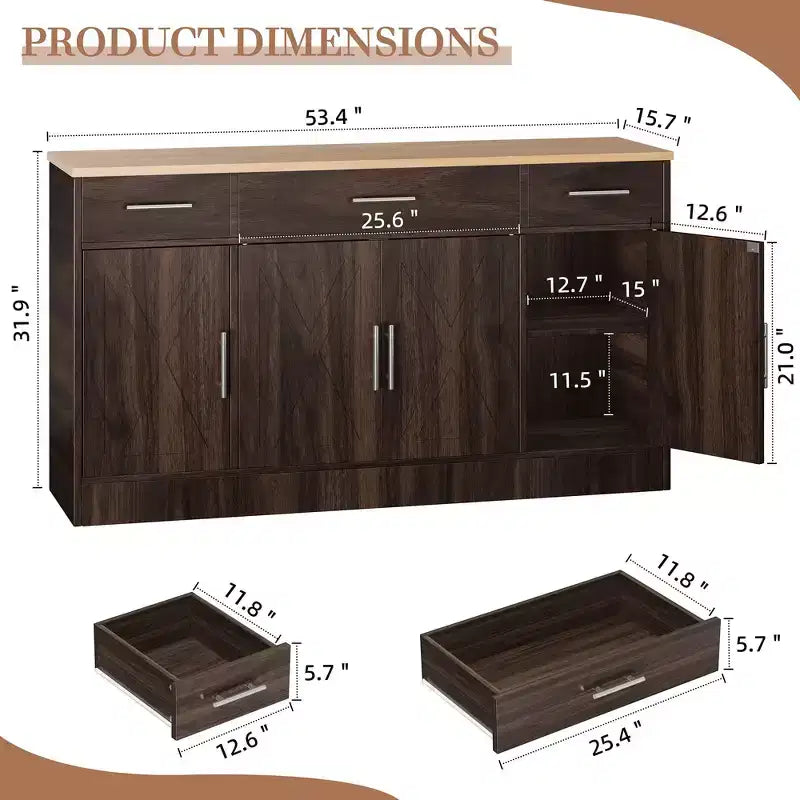 Celebalcony Buffet-Schrank mit Stauraum, 53,4 großer Küchenschrank mit 3 Schubladen und 4 Türen, verstellbarer Einlegeboden für Küche, Wohnzimmer