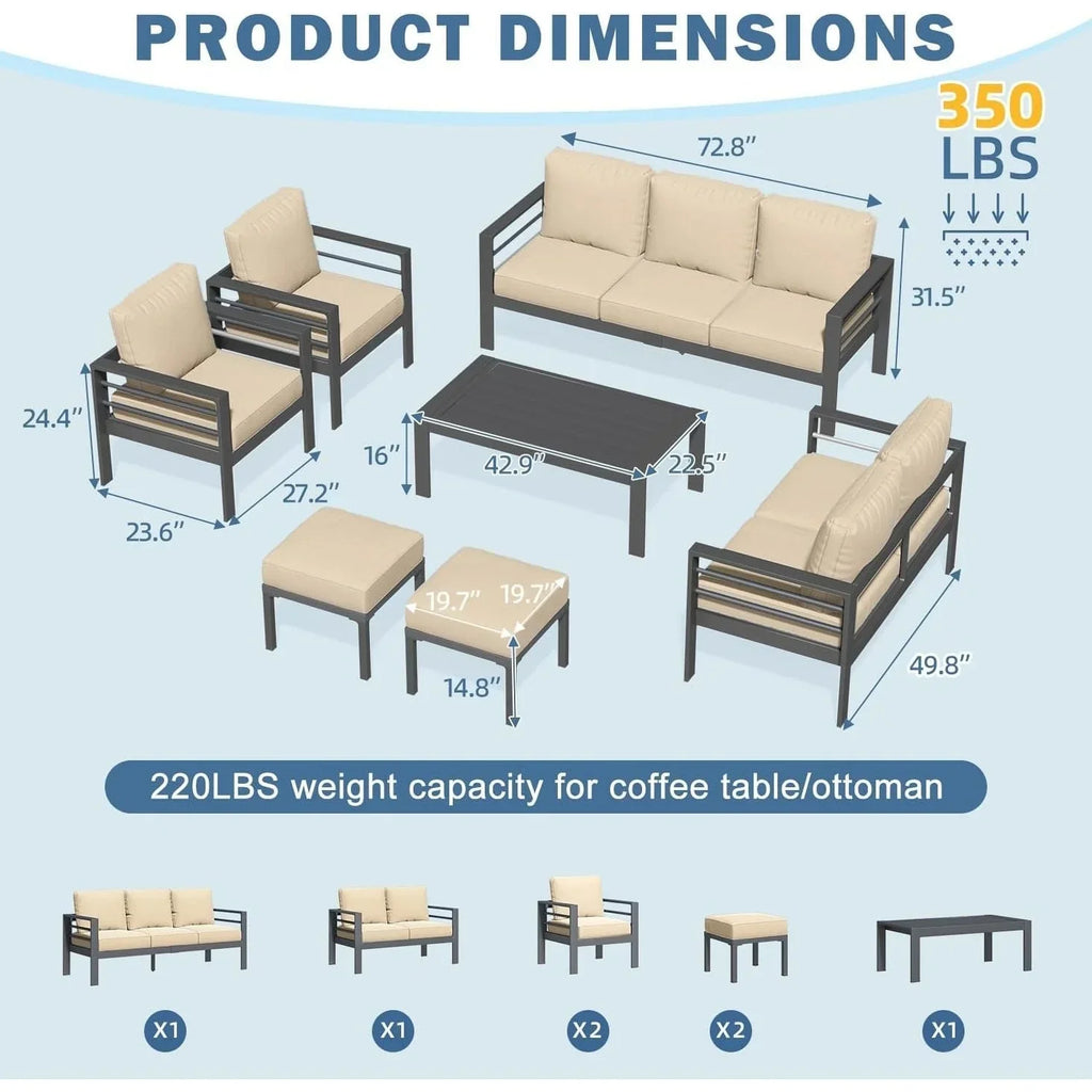 AECOJOY 7-teiliges Aluminium-Terrassenmöbel-Set Outdoor-Gesprächsgarnitur
