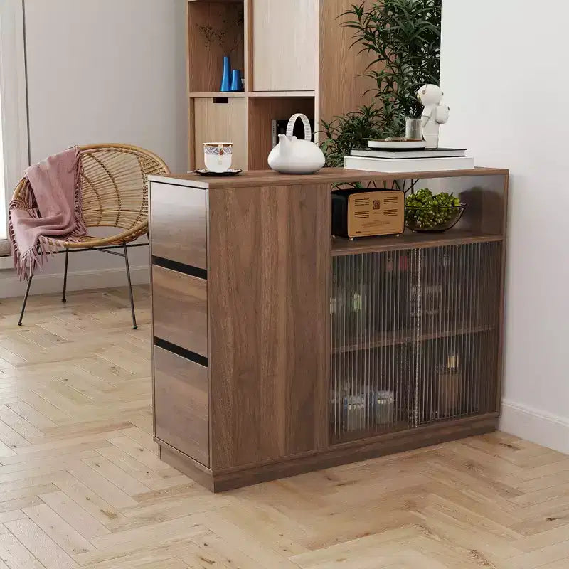 GDFStudio Hikaru Modernes Sideboard Buffet-Schrank mit Glasschiebetüren und Schubladen