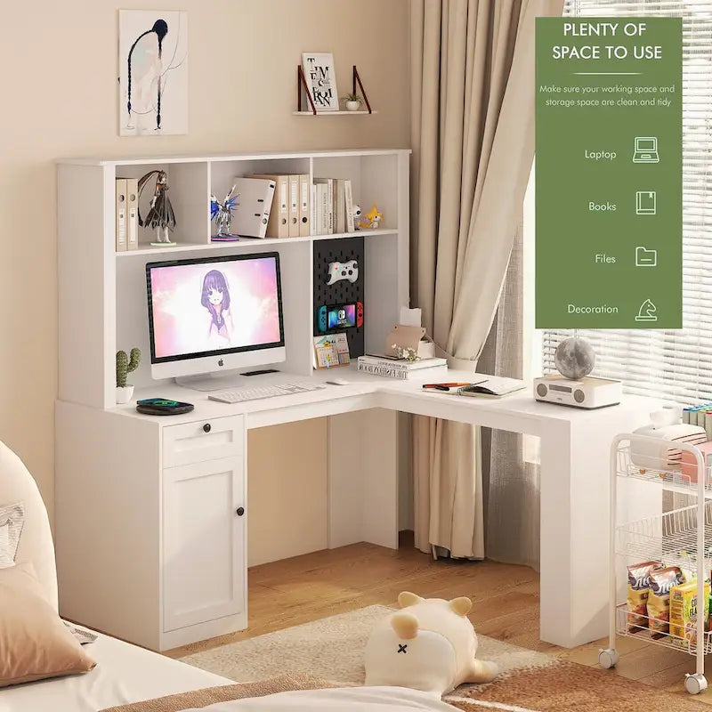 L-förmiger Schreibtisch mit Steckdose, Computertisch mit Schubladen, Regal & Aufsatz, Moderner Eckschreibtisch, Home-Office-Schreibtisch