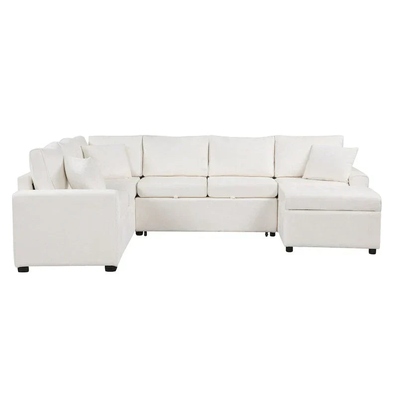 Chenille Ecksofa mit Ausziehfunktion, L-förmiges Schlafsofa mit Stauraum-Ottomane, 3 Kissen und Ladevorrichtungen