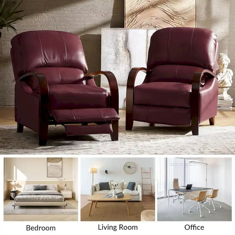 Alex Mid-Century Modern Zigarren-Sessel aus echtem Leder mit manueller Relaxfunktion und geschwungenen Holzarmlehnen