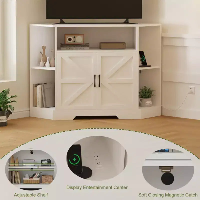 Eck-TV-Ständer für Fernseher bis 55 Zoll, Bauernhaus-Mediakonsole mit Scheunentüren, offenen Regalen und Aufbewahrungsschrank, Weiß