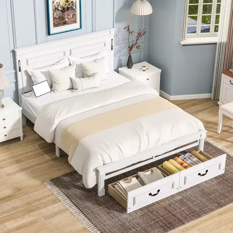 ModernLuxe Bettrahmen für Queensize-/Kingsize-Betten mit hohem Kopfteil, rustikales Holzbettgestell mit 2 Schubladen, LED-Beleuchtung und USB-Anschlüssen