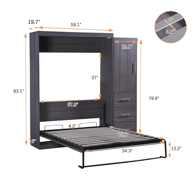 Graues klappbares Schrankbett mit Kleiderschrank & 3 Schubladen, Full/Twin, 1-Personen