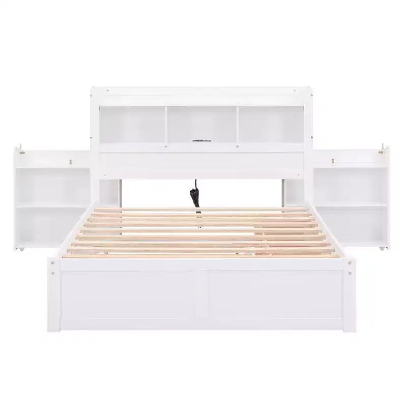 Plattformbett in voller Größe mit Stauraum, Ausziehbett, Kopfteil mit Bücherregal und Ladestation, Bettgestell aus Holz in voller Größe mit Regalen und Schubladen