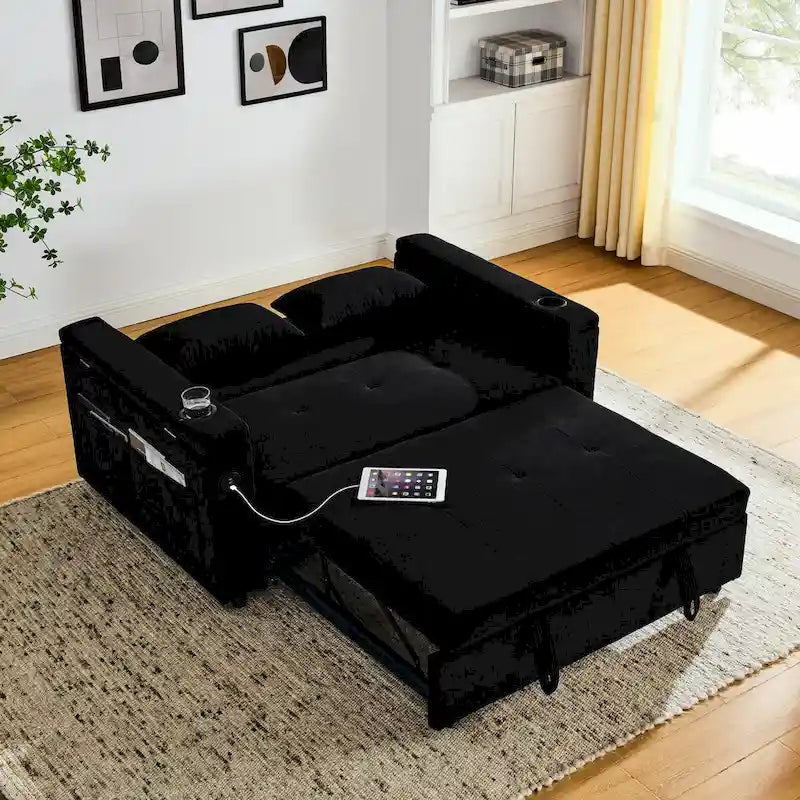 54 Schlafsofa zum Ausziehen, 2-Sitzer-Schlafsofa mit Stauraum, Lendenkissen, USB-Steckdose