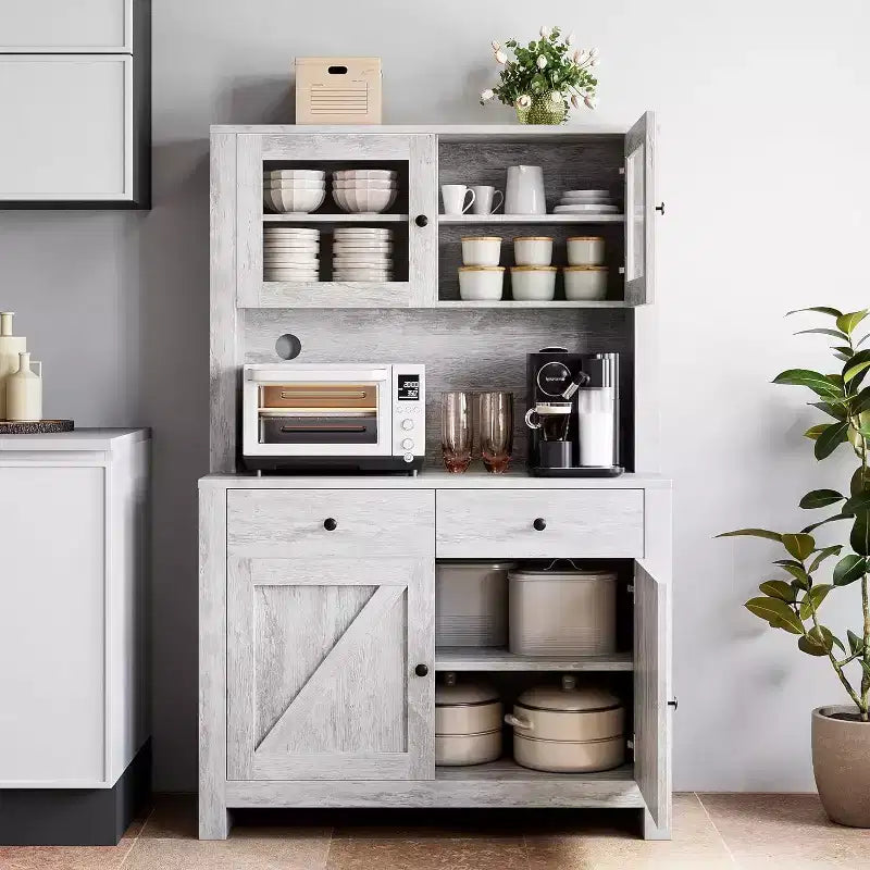 Küchenschrank mit Mikrowellenständer, Vitrinenschrank mit Anrichte und verstellbaren Einlegeböden, für Küche, Esszimmer