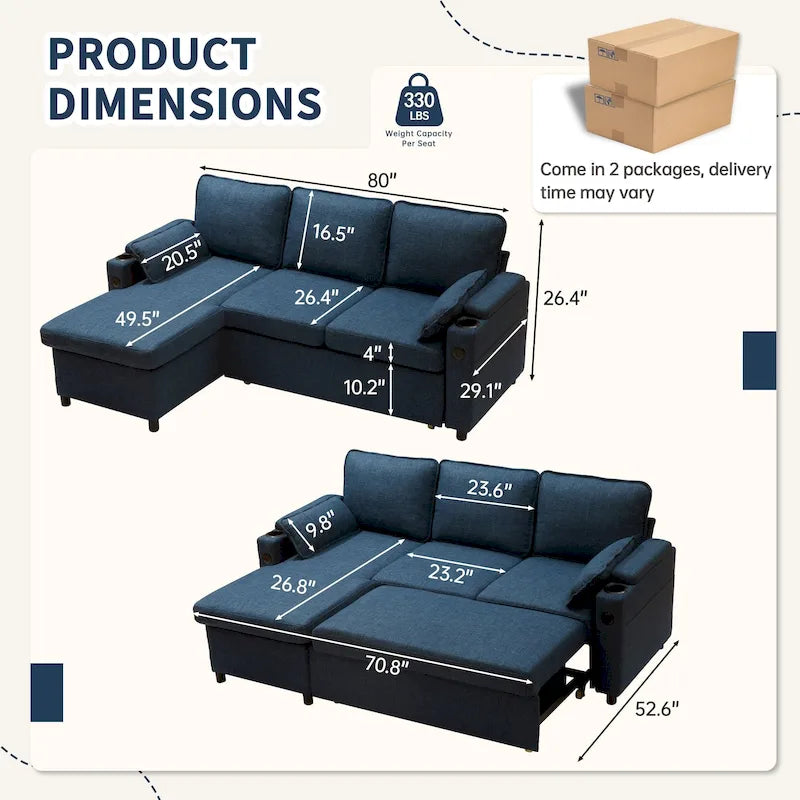 80 L-förmiges Schlafsofa, Sofabett mit Ausziehbett, umwandelbares Schlafsofa