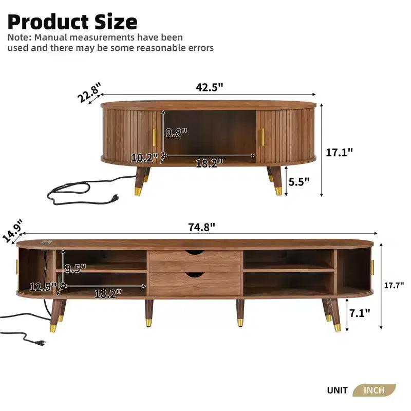 CLIHOME TV-Schrank und Couchtisch-Set aus Holz im Farmhouse-Stil mit Ladestation, ovales, gerilltes Medienboard für Fernseher bis 80 Zoll