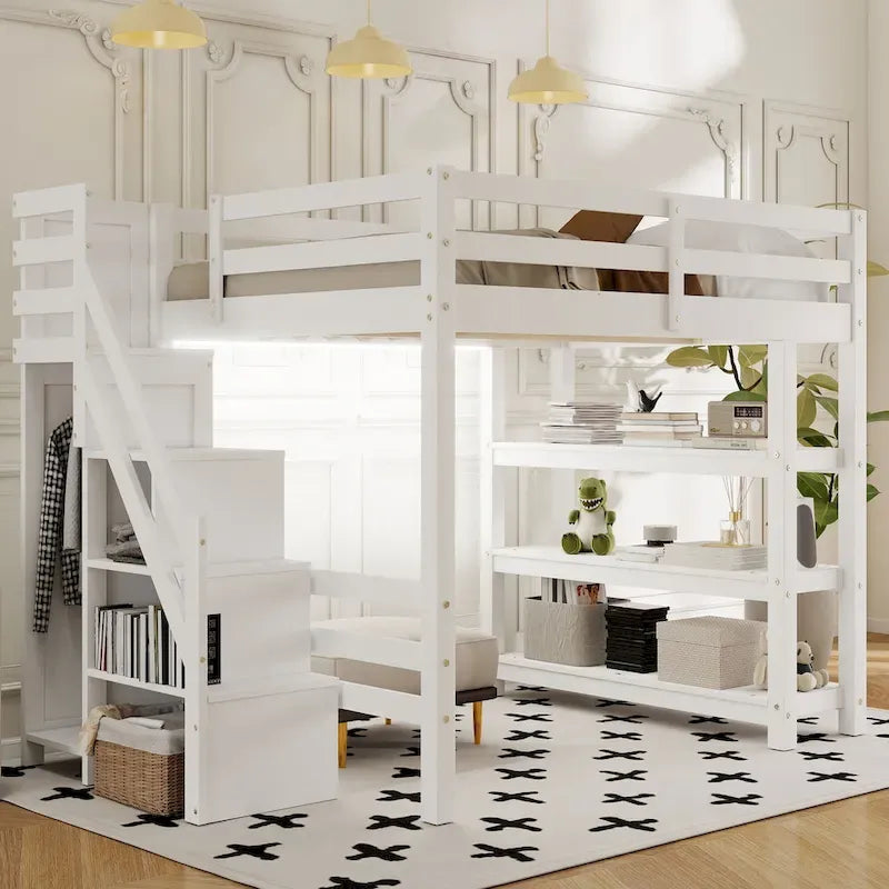 Hochbett mit Stauraumtreppe (Einzel-/Doppelbett) – Regale, Kleiderschrank & LED-Beleuchtung, platzsparendes Design