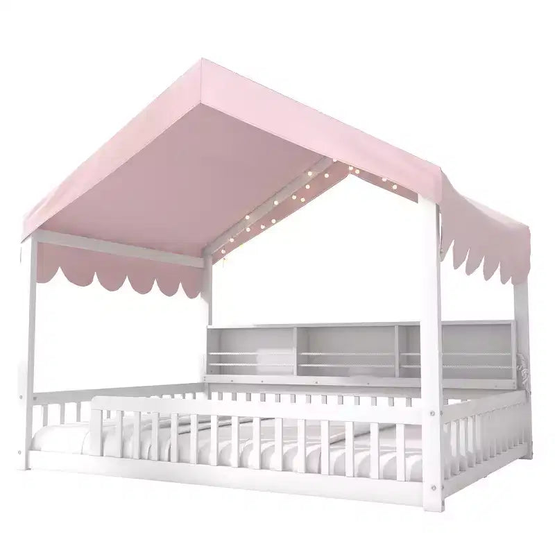 Whisen Vollholz-Bettgestell, Hausbett mit Zaun, 3 Aufbewahrungsregale, Vorhang