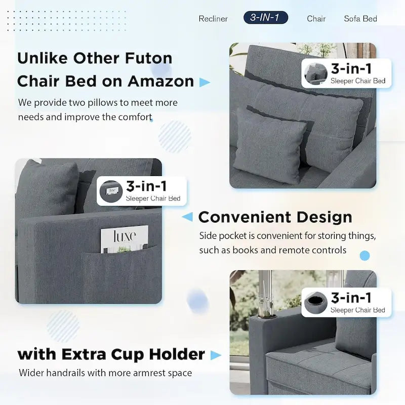 Verstellbares Schlafsofa, 3-in-1-Funktion, verschiedene Farben, für 1 Person