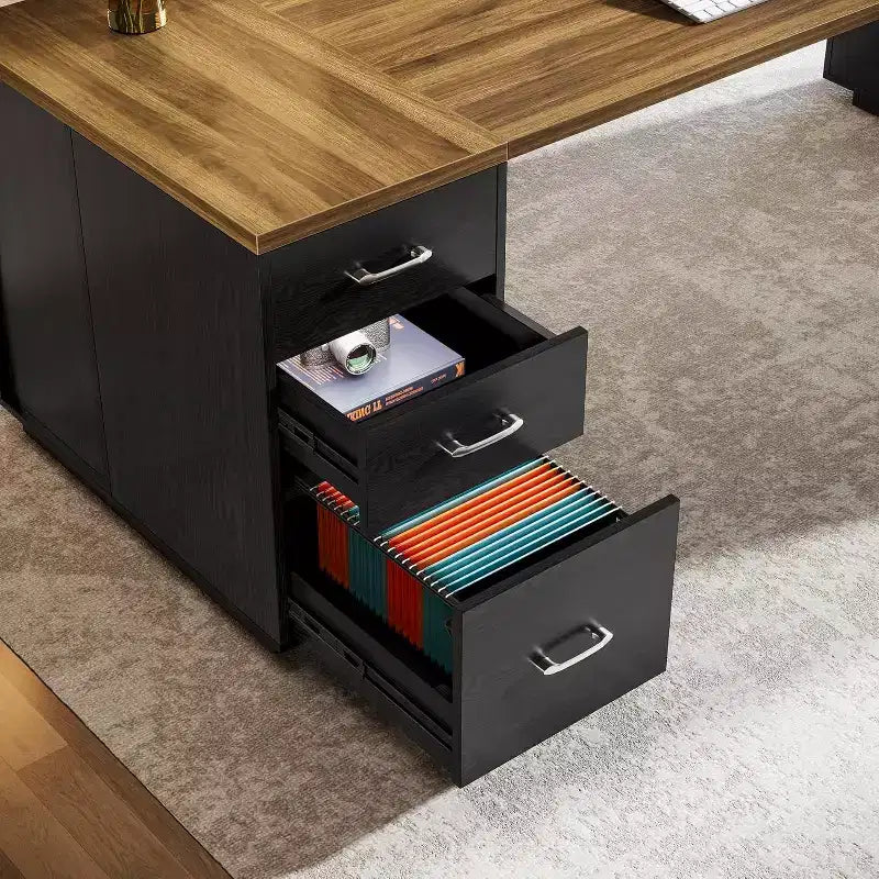 Lantine 85.8 L-förmiger Chefschreibtisch, extra großer Büro-Computertisch mit Aktenschubladen für das Heimbüro