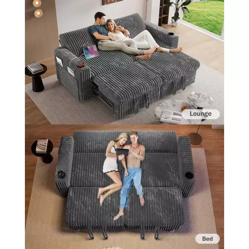 Dyonery 91 Sektional Schlafsofa mit Ausziehbett, verstellbarer Rückenlehne/zwei Ausziehbetten/USB-Anschlüssen/Getränkehaltern, Plüsch-Kordbezug