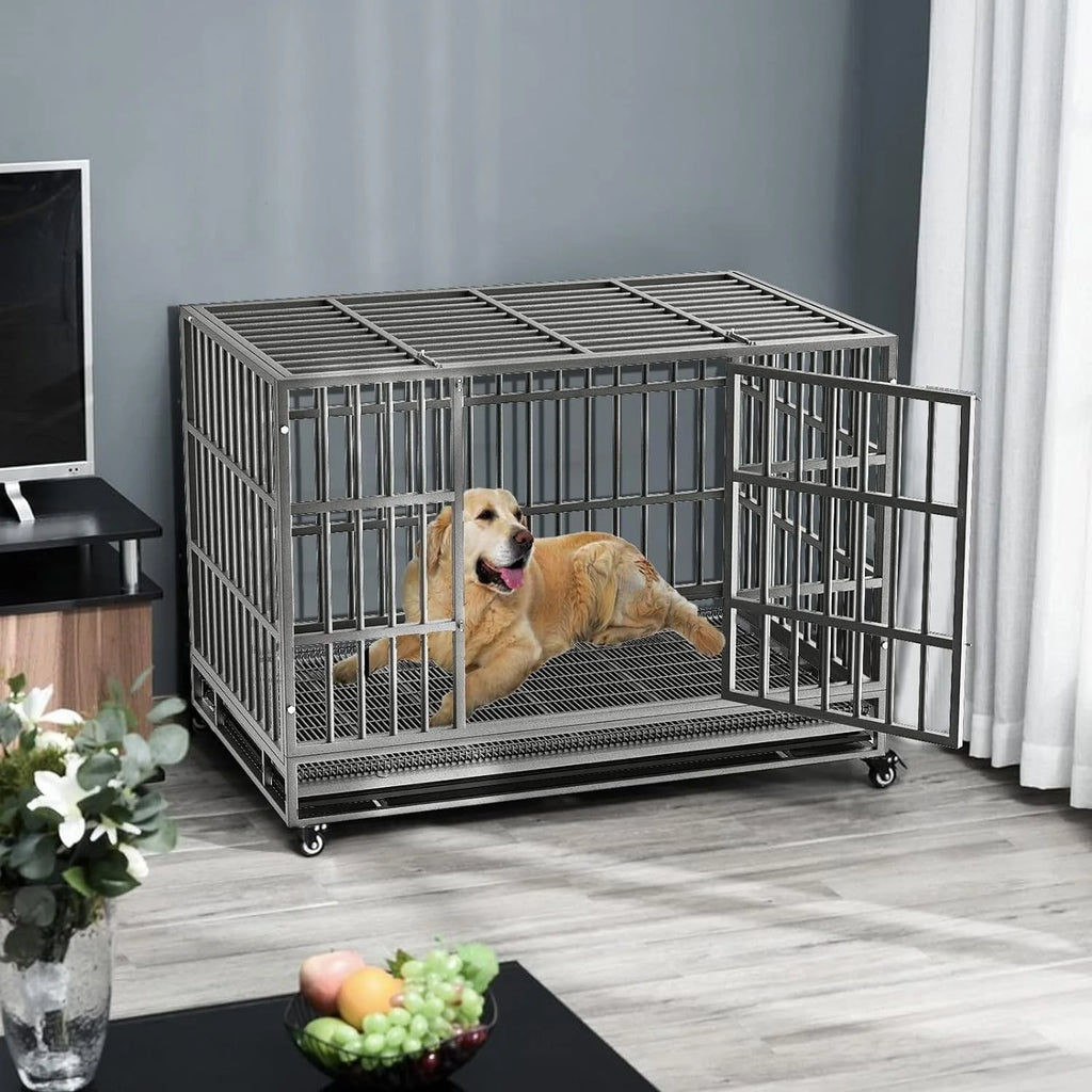 BOSSIN 48/38 Zoll Schwerlast-Hundebox, unverwüstlich, ausbruchsicher, mit feststellbaren Rollen