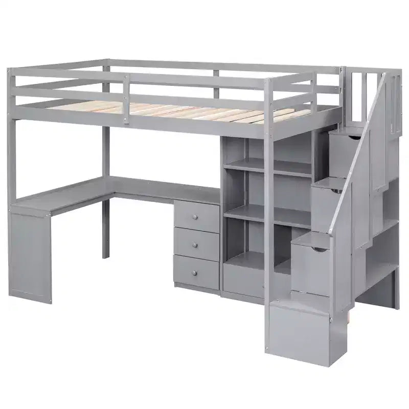 Hochbett in Twin-Größe mit L-förmigem Schreibtisch, 3 Schubladen, Schrank, Treppenstauraum, aus massivem Kiefernholz/MDF gefertigt