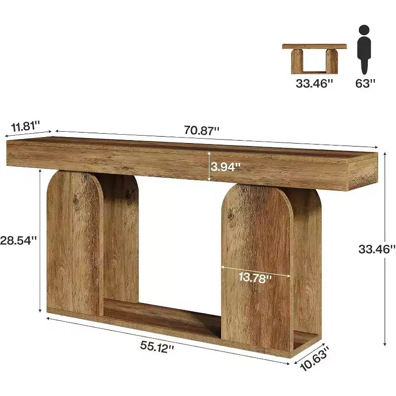 Lantine 70,9 Zoll extralanger Konsolentisch im Landhausstil mit 2-stöckigem Holzregal, geeignet für Flur, Wohnzimmer, Eingangsbereich, Vintage Braun.