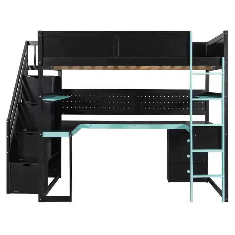 GDFStudio Scott hölzernes Gaming-Hochbett mit Stauraumtreppe, Schreibtisch, Regalen und Lochwand