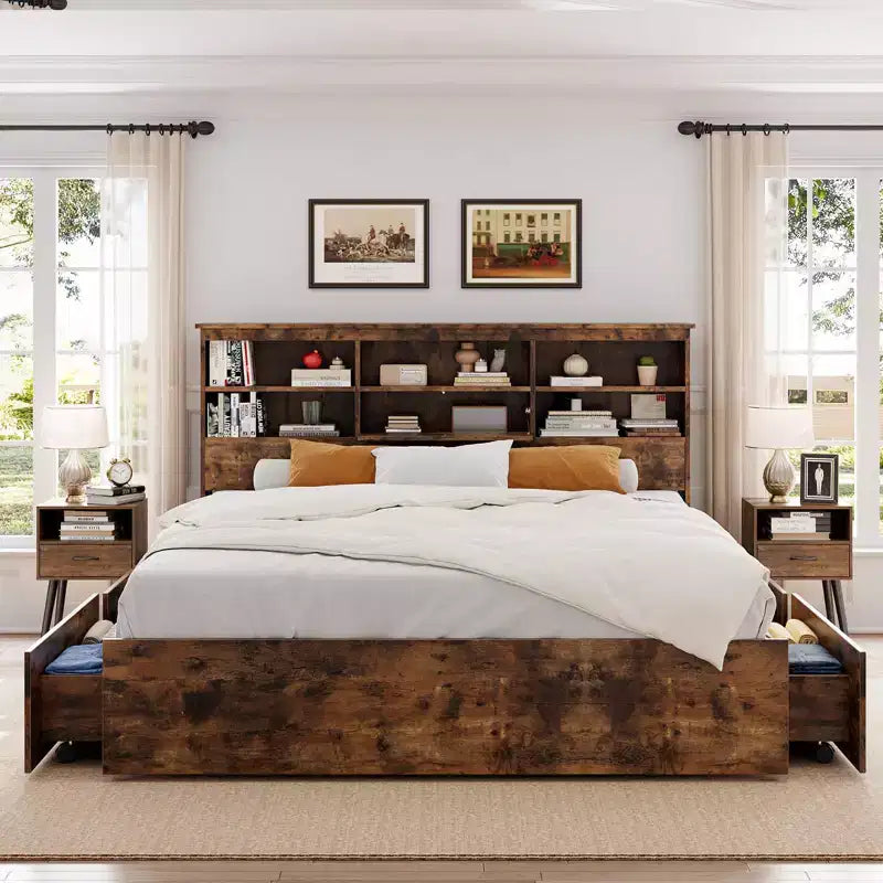 Doppelbettgestell mit Stauraum-Kopfteil, Holzbettrahmen mit 4 Schubladen, Stauraum-Bücherregal & King-Size-Plattformbett mit starker Metallunterstützung