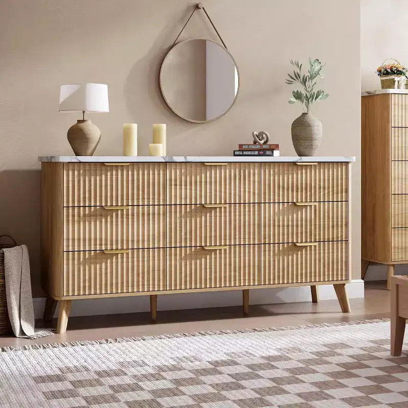 Kommode mit 9 Schubladen, gerillt, moderne Kommode, Holzkommode als TV-Ständer, geschwungenes Profil, für Wohnzimmer, Flur