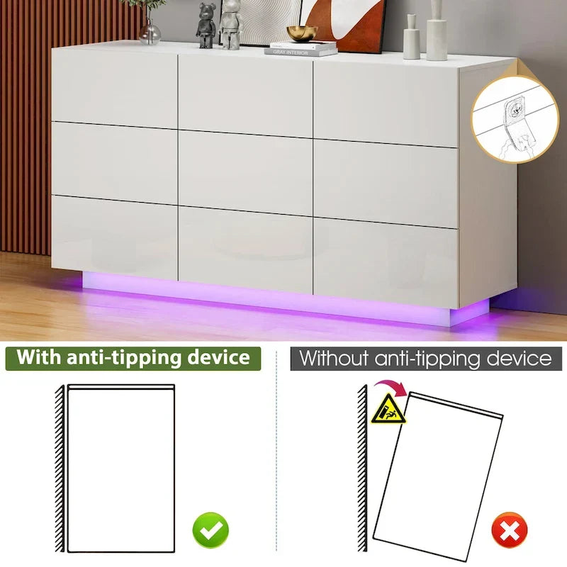 Kommode mit 9 Schubladen, Aufbewahrungsturm, Schlafzimmer-Organizer mit Licht