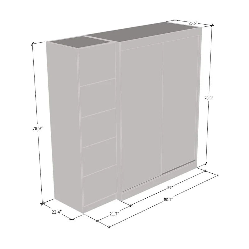 2-türiger Kleiderschrank mit Spiegel, Glasfront, 2-Personen (Grau / Schwarz / Weiß)