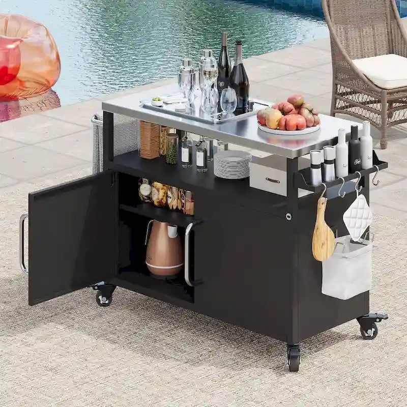 Outdoor-Kücheninsel mit Edelstahl-Arbeitsplatte, Metall-Grillwagen mit Stauraum - N/A