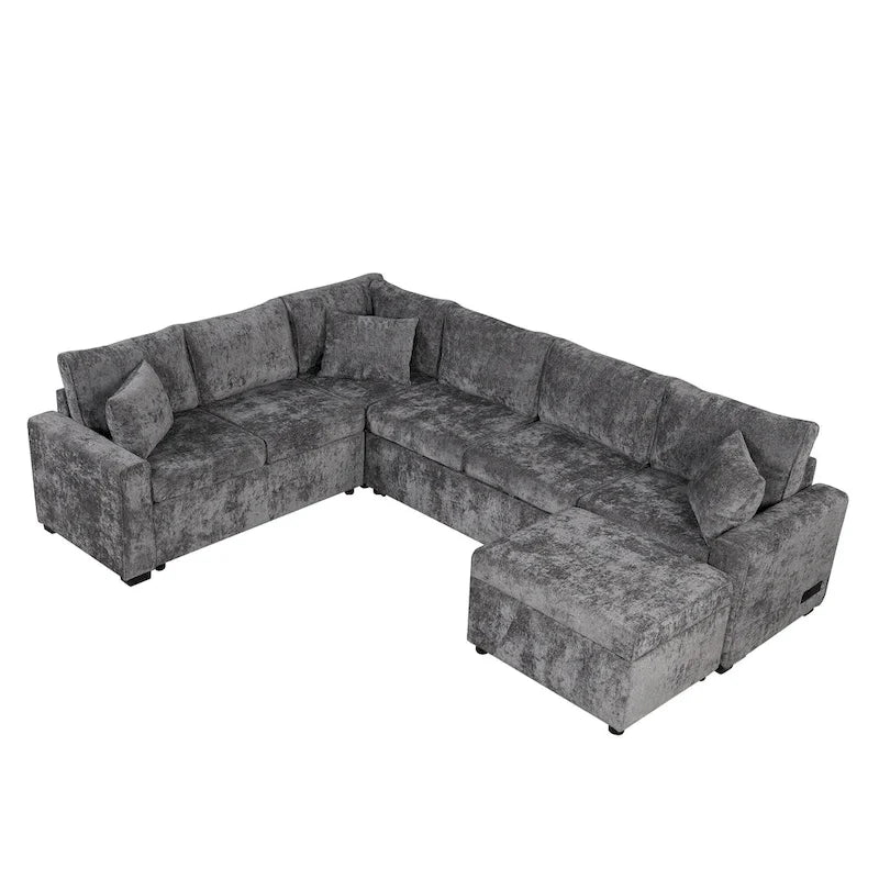 Chenille Ecksofa mit Ausziehfunktion, L-förmiges Schlafsofa mit Stauraum-Ottomane, 3 Kissen und Ladevorrichtungen