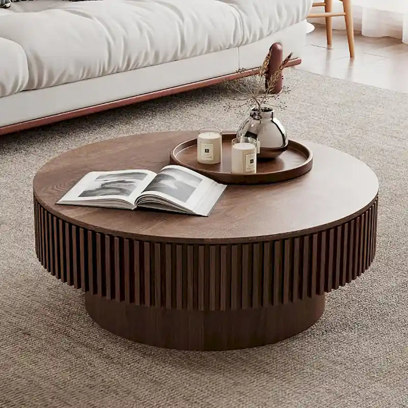 Moderner runder Couch-/Teetisch aus massivholzfurniertem Holz mit Stauraum