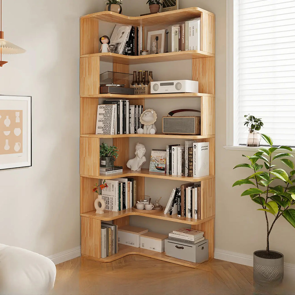 L-förmiges offenes Bücherregal aus Holz mit Naturfinish