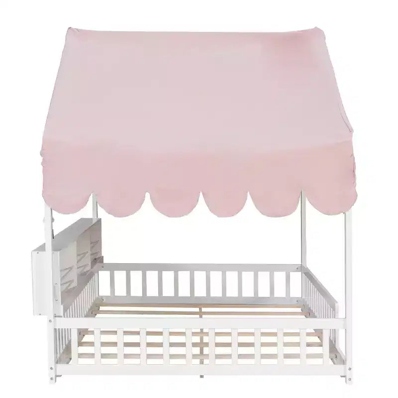 Whisen Vollholz-Bettgestell, Hausbett mit Zaun, 3 Aufbewahrungsregale, Vorhang