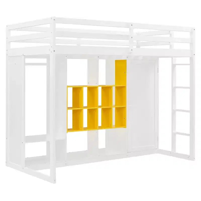 Hochbett für Kinder mit Kleiderschrank und Regalen, Holz-Hochbettgestell mit Aufbewahrungsschrank für Kinder und Jugendliche