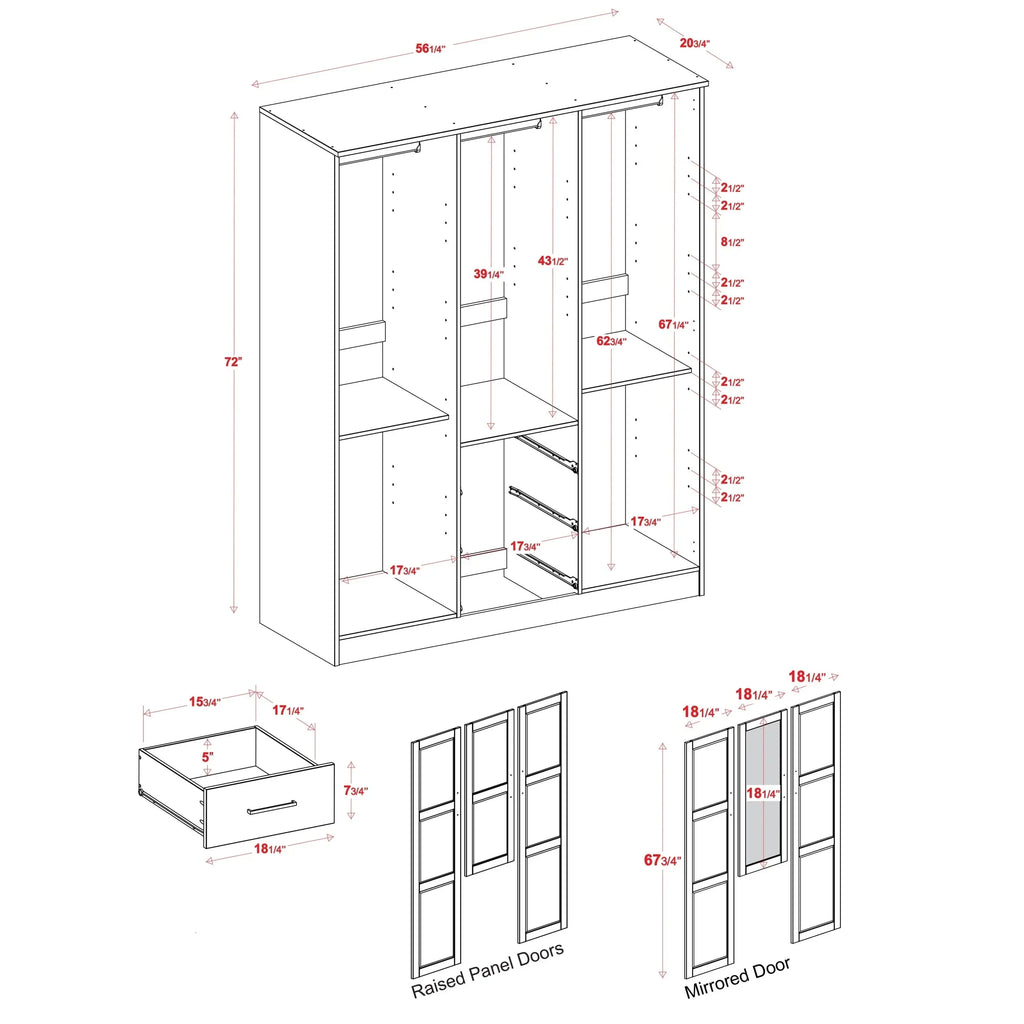 Palace Imports 100% Massivholz Cosmo Kleiderschrank mit 3 Türen mit Massivholz- oder Spiegeltüren