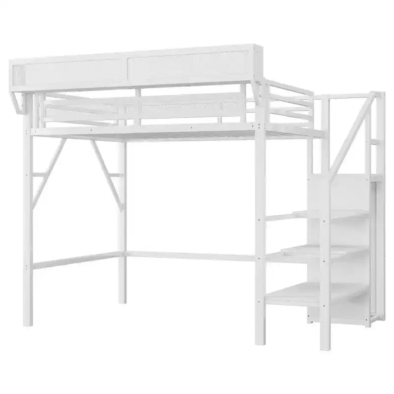 Okak 94IN Hochbett in Doppelbettgröße mit Kleiderschrank, Doppelbett mit Ablagefächern und Korb, Bettrahmen für Schlafzimmer, Wohnheim
