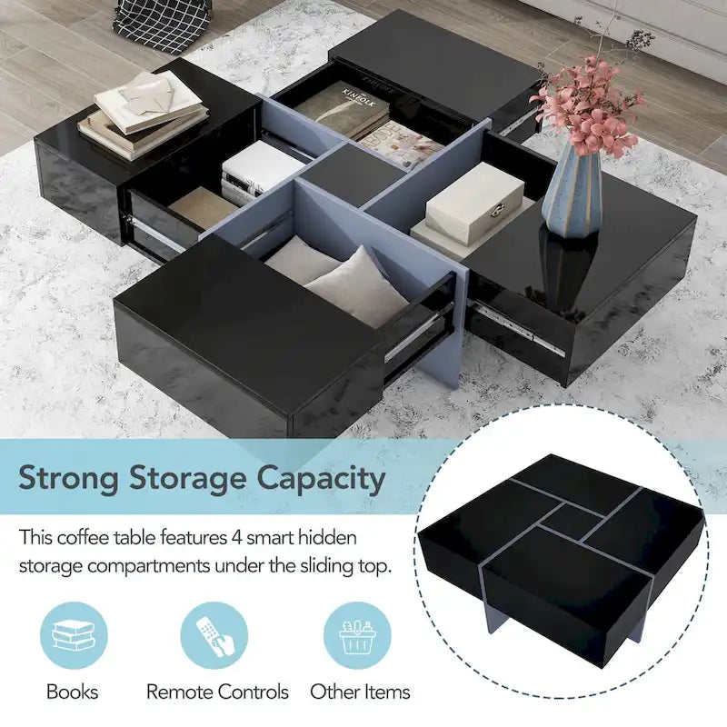 Im Trend liegender Couchtisch im modernen Design mit verstecktem Stauraum – 80 x 80 x 35 cm