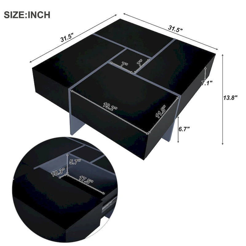 Im Trend liegender Couchtisch im modernen Design mit verstecktem Stauraum – 80 x 80 x 35 cm