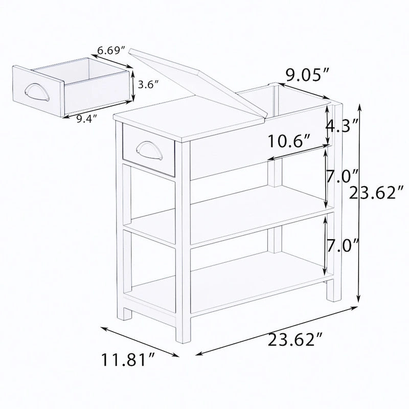 Schmaler Beistelltisch mit Schubladen und aufklappbarem Staufach – 30 x 60 x 60 cm