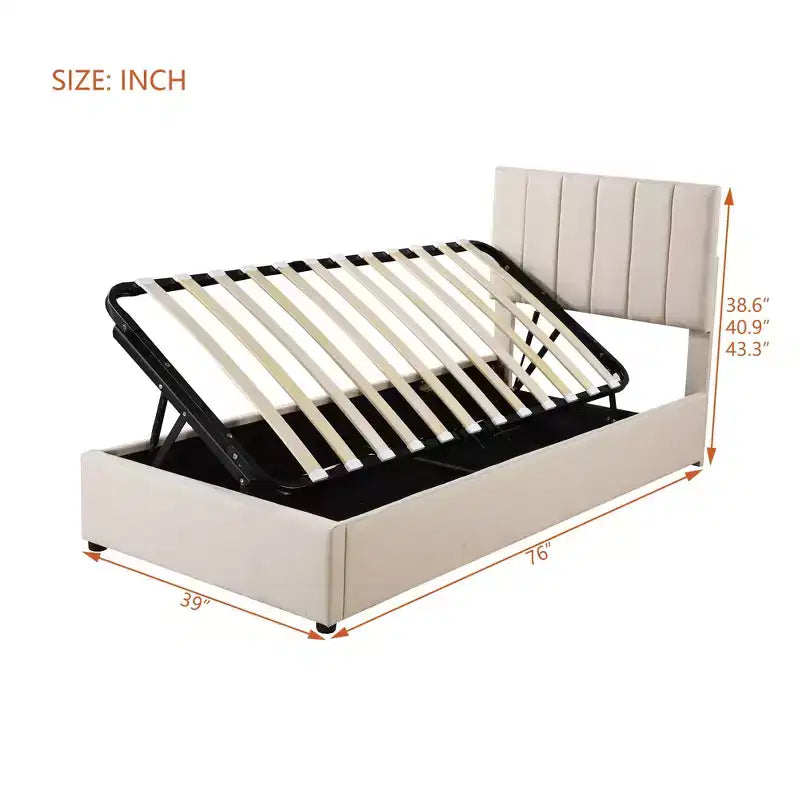 Bellemave Einzelbett mit Hochklappfunktion, Gepolstertes Plattformbett mit hydraulischem Aufbewahrungssystem, Kopfteil mit vertikalen Streifen, Beige