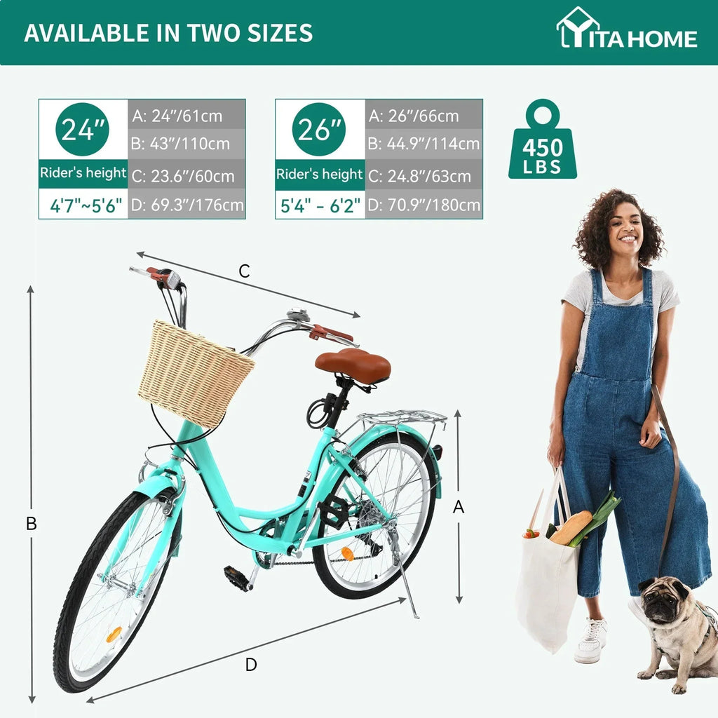 Moasis24/26 7-Gang Cruiser Bike, verstellbares Tiefeinsteigerfahrrad, Pendlerfahrrad, Fahrrad