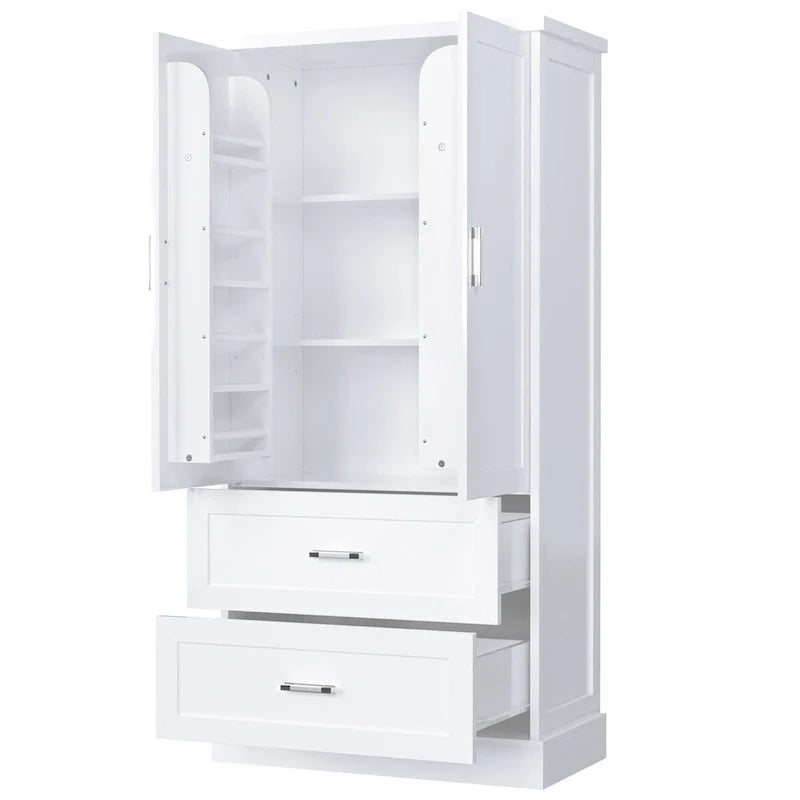 Hoher Badezimmerschrank, Schrank mit zwei Türen und Schubladen, verstellbarem Regal, MDF-Platte