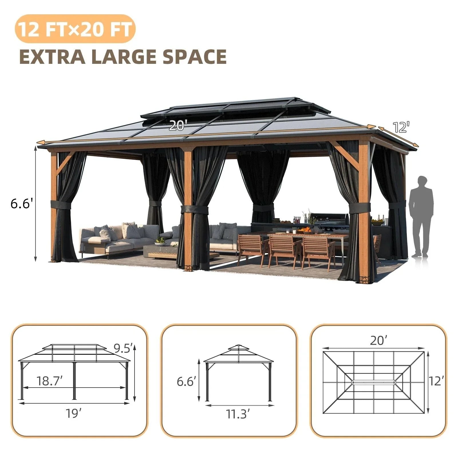 EROMMY Hardtop-Pavillon, Outdoor-Pergola mit Doppeldach & Netzen & Vorhängen, Hochleistungs-Canopy für Terrasse, Garten, Poolparty
