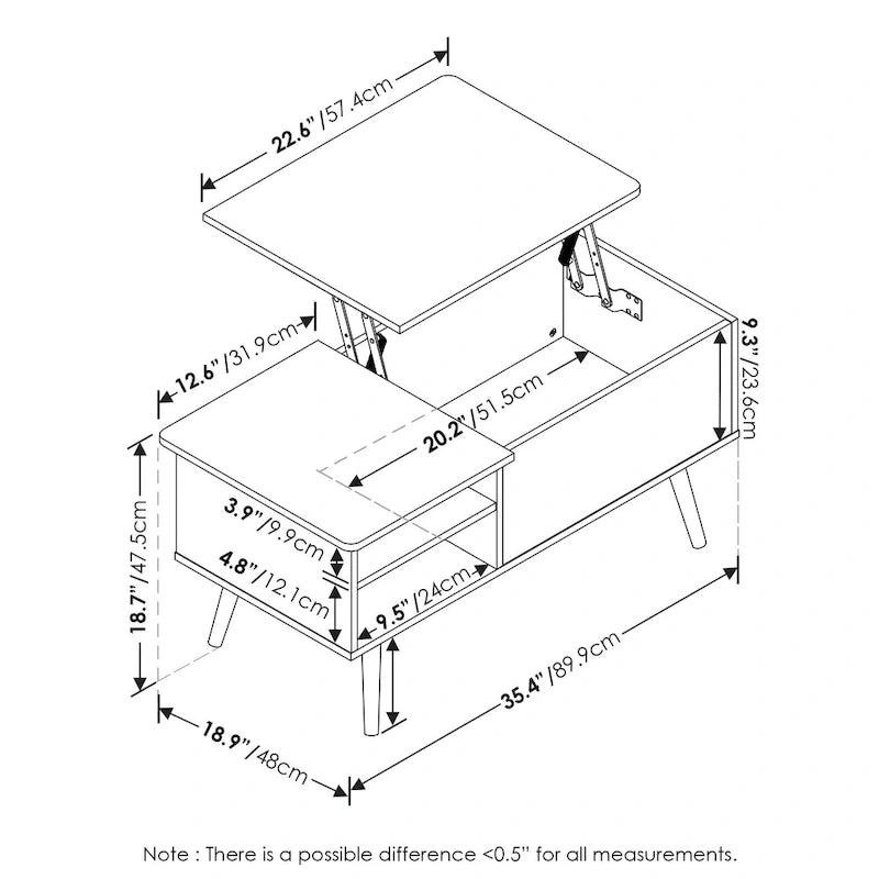 Furinno Jensen Couchtisch mit Hebeplatte und Holzbeinen