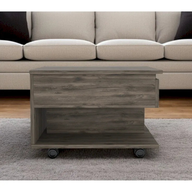 22 Couchtisch mit Hebeplatte und Schublade, rechteckig, aus dunkelbraunem Holzwerkstoff – 15,3 H x 21,6 B x 19,6 T