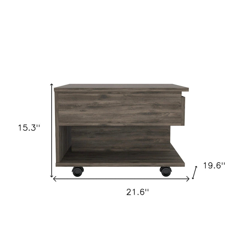 22 Couchtisch mit Hebeplatte und Schublade, rechteckig, aus dunkelbraunem Holzwerkstoff – 15,3 H x 21,6 B x 19,6 T