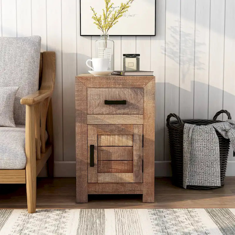 Anaisha Rustikaler Beistelltisch aus massivem Holz, warme Naturtöne, 58 cm, mit Stauraum, von Furniture of America