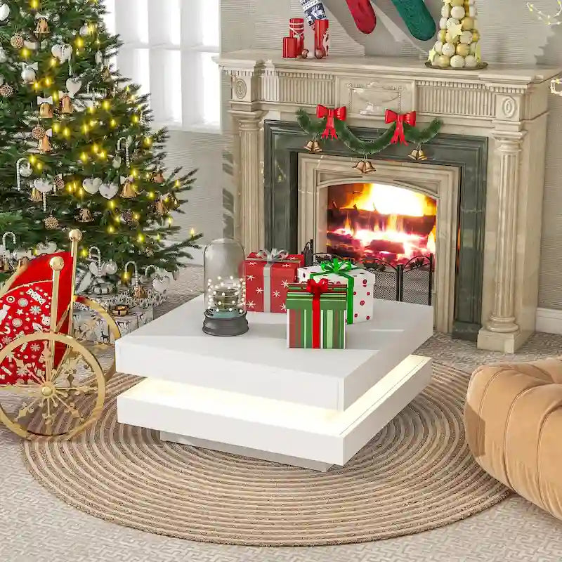 Hochglanz minimalistisches Design 2-stöckiger quadratischer Couchtisch mit steckbaren 16-farbigen LED-Leuchten Beistelltisch für das Wohnzimmer