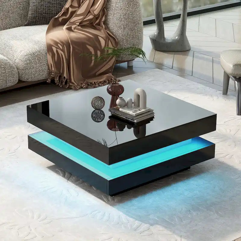 Hochglanz minimalistisches Design 2-stöckiger quadratischer Couchtisch mit steckbaren 16-farbigen LED-Leuchten Beistelltisch für das Wohnzimmer