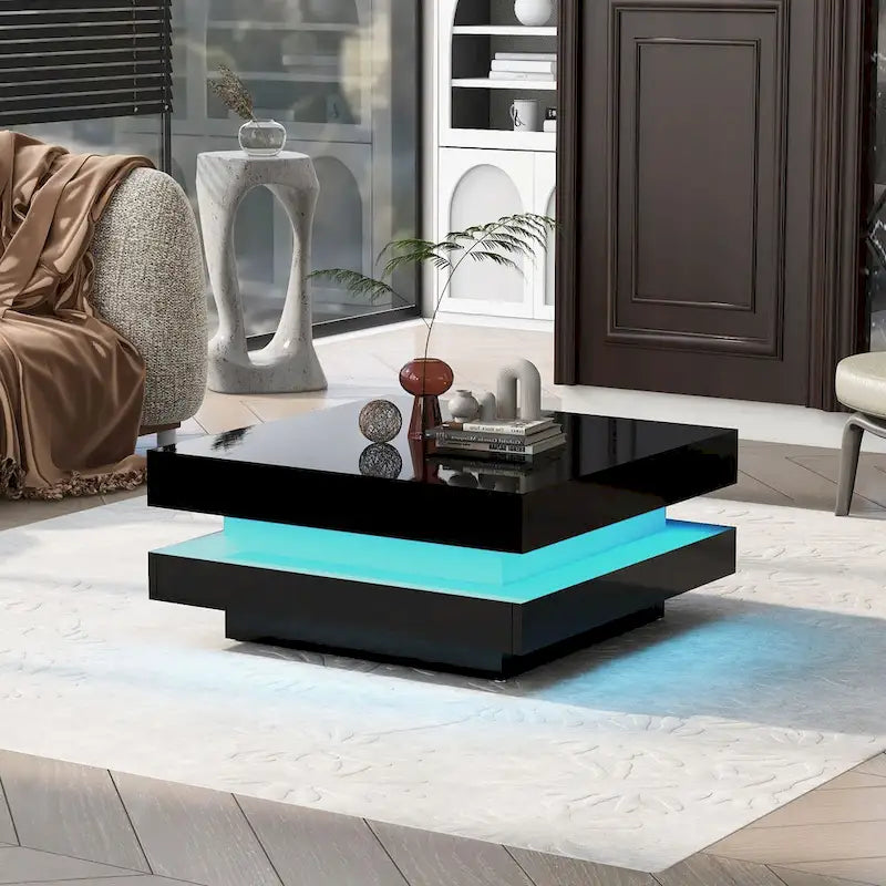 Hochglanz minimalistisches Design 2-stöckiger quadratischer Couchtisch mit steckbaren 16-farbigen LED-Leuchten Beistelltisch für das Wohnzimmer