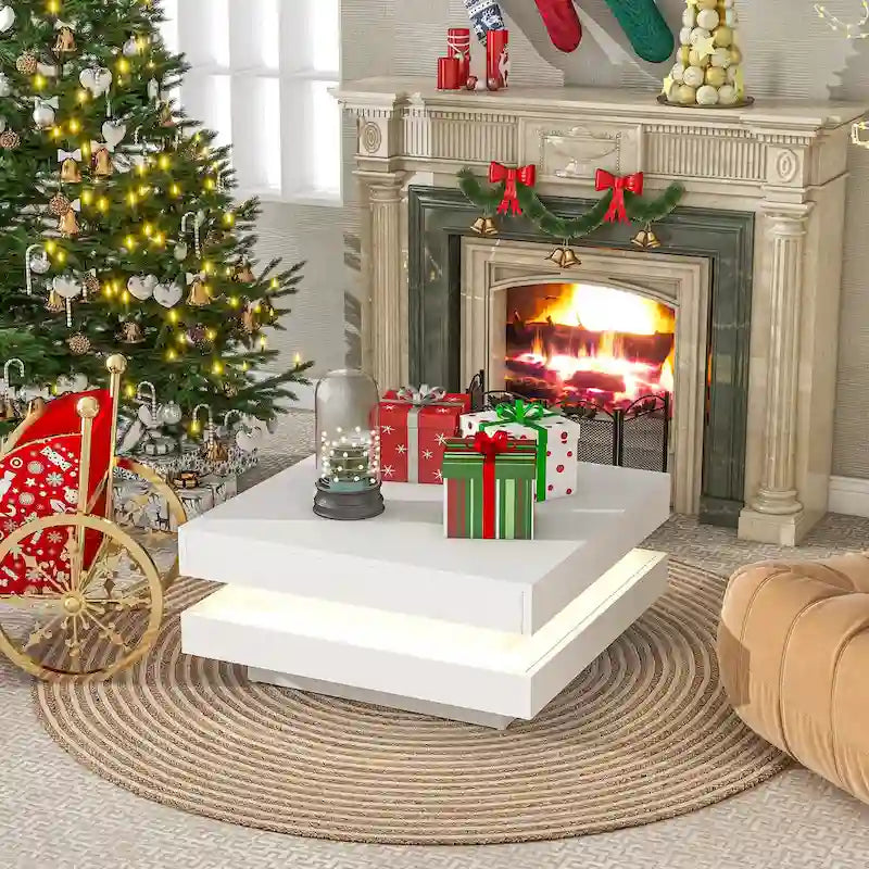 Hochglanz minimalistisches Design 2-stöckiger quadratischer Couchtisch mit steckbaren 16-farbigen LED-Leuchten Beistelltisch für das Wohnzimmer